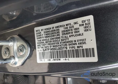 2012 Honda Crosstour Ex-L from USA, damaged, VIN 5J6TF1H55CL003779